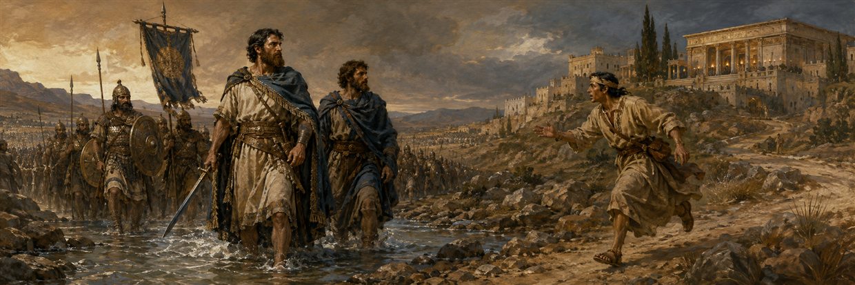 John leads defenders across a brook and later receives news of betrayal while Simon's distant banquet hall falls silent